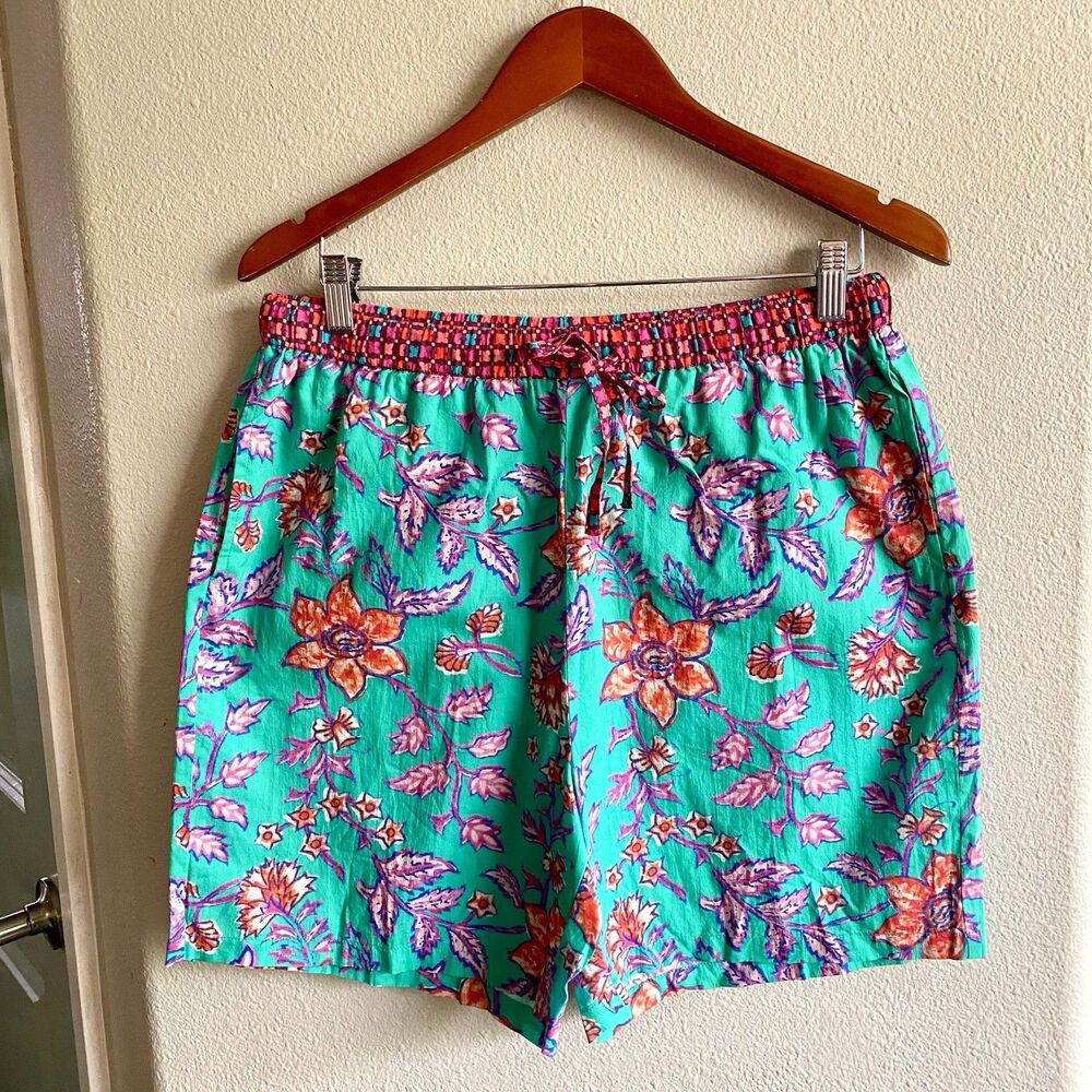 Sundance Boho Shorts 100% Cotton Lightweight Floral Teal High Rise Medium Petite